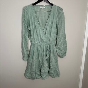 American Eagle Women's Sage Green Textured Wrap Dress Long Sleeve Ruffle Midi M